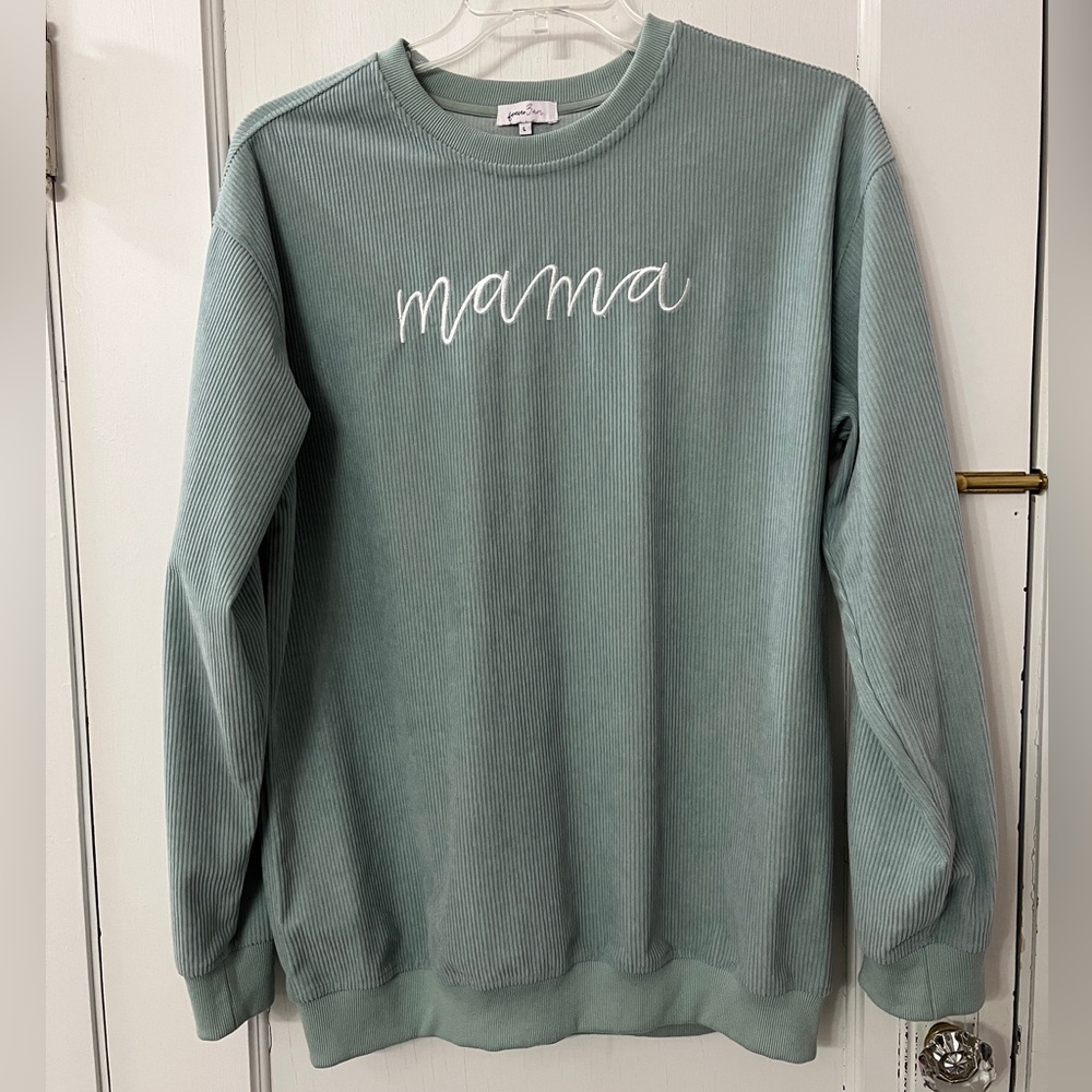 Sage green corduroy “Mama” sweatshirt, L